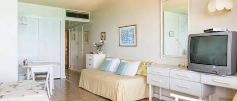 Una camera da letto con un letto, una scrivania, un televisore e un comò.