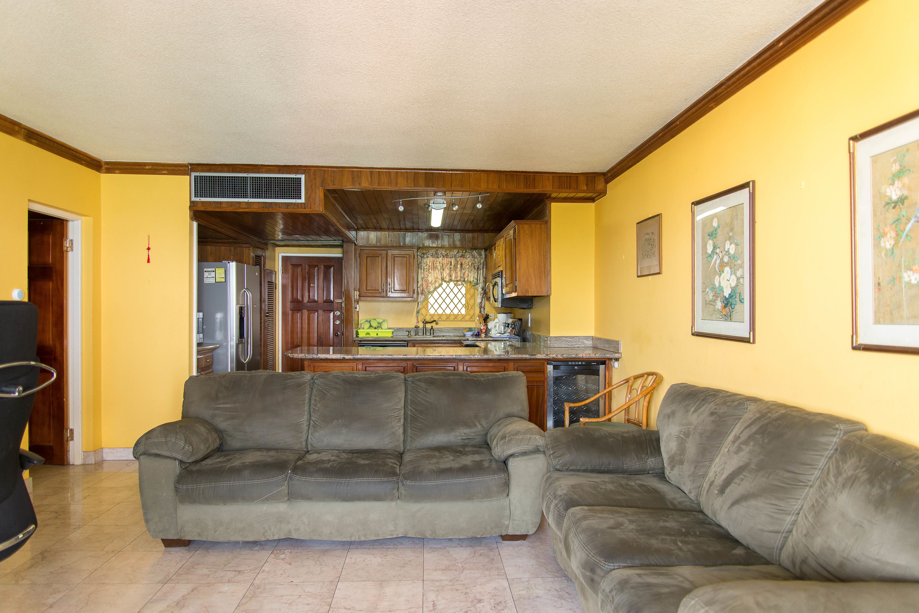 Una sala de estar con dos sofás grises y una cocina al fondo.