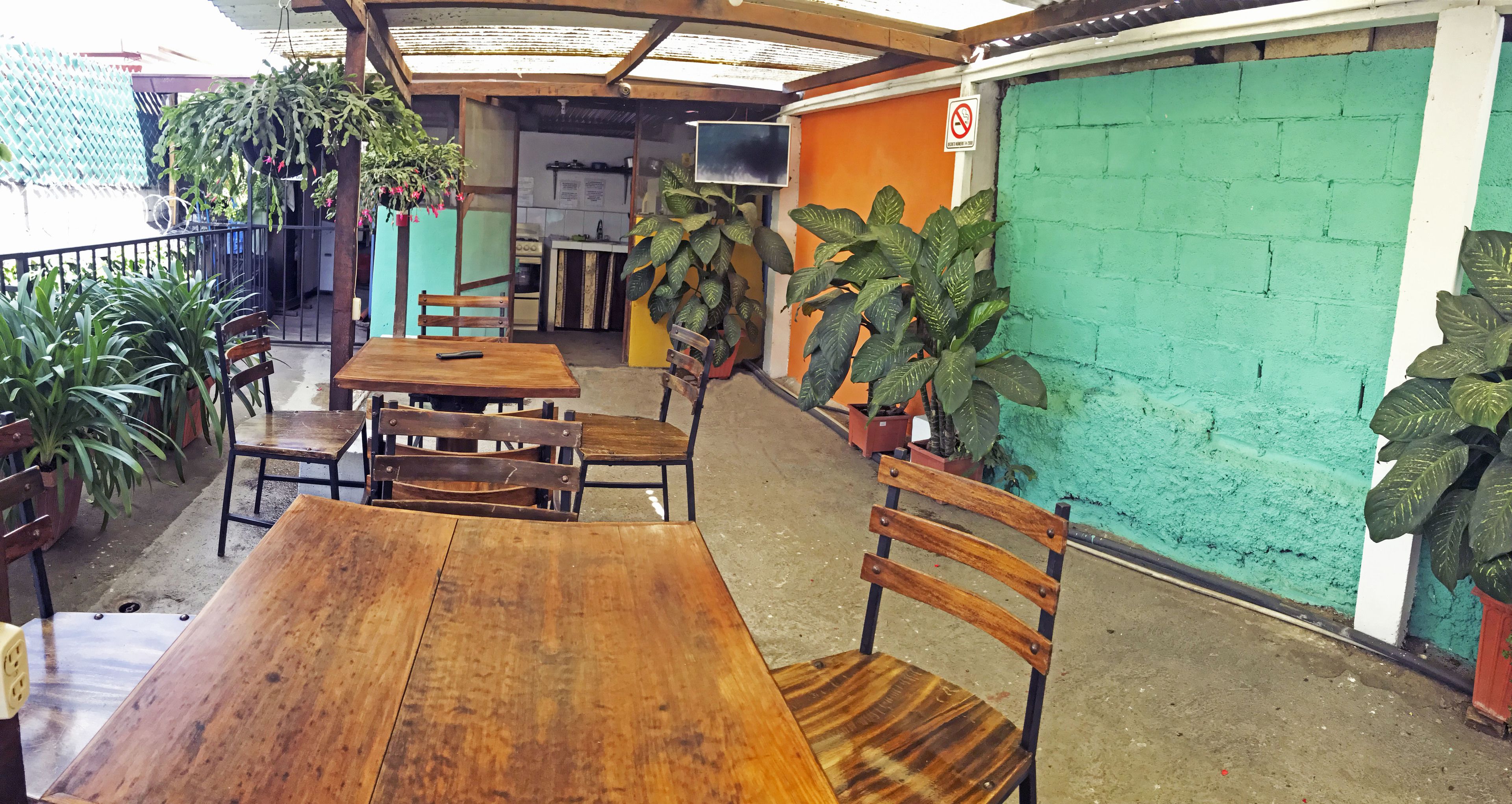Un restaurante con mesas y sillas de madera, plantas en macetas y una cocina al fondo.