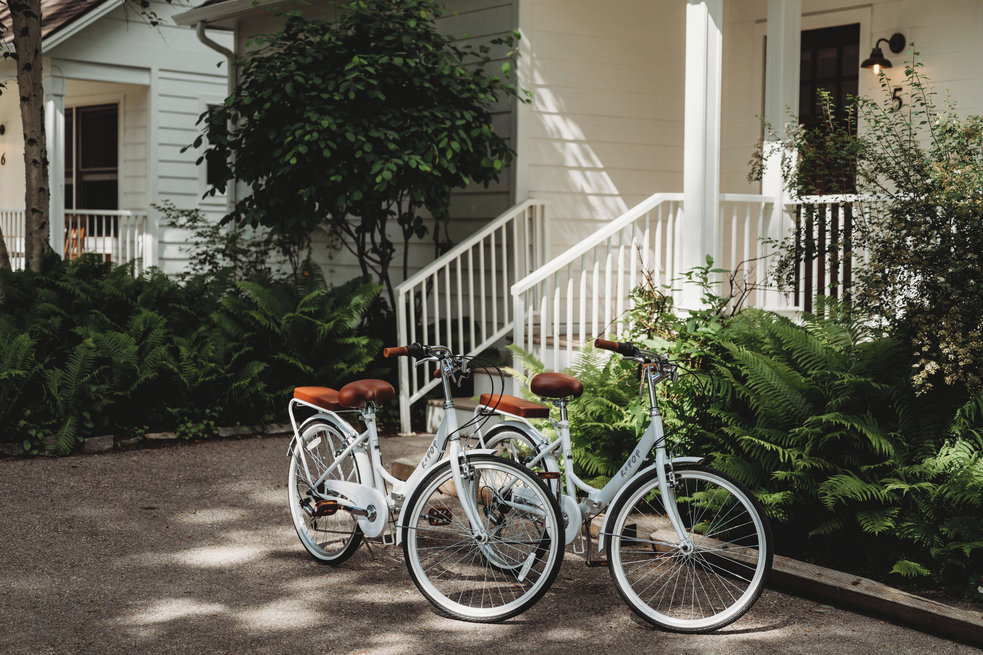 A white bicycle with brown leather seats parked on a driveway.