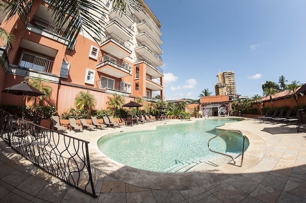 Outdoor pool, pool umbrellas, pool loungers