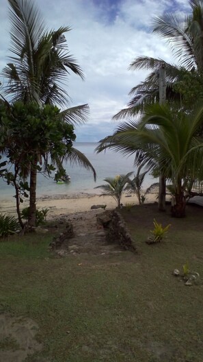 A beach with palm trees, a sandy path leading to the water, and a clear view of the ocean. - Naqalia Lodge (Wayasewa Island)