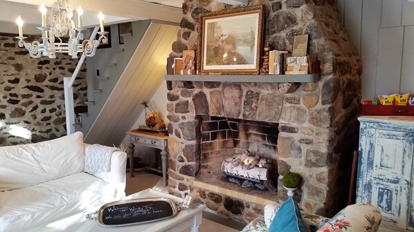 Una chimenea, libros
