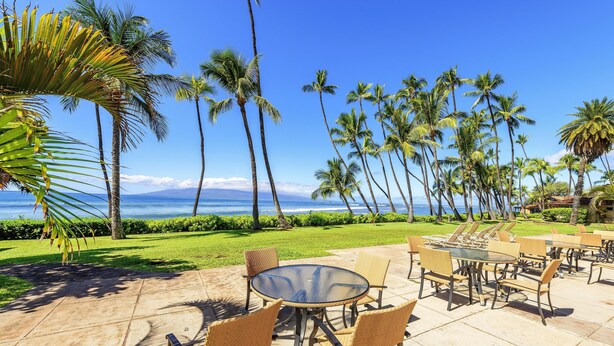 Eine Terrasse im Freien mit runden Tischen und Korbstühlen, mit Blick auf einen Strand mit Palmen und dem Meer.