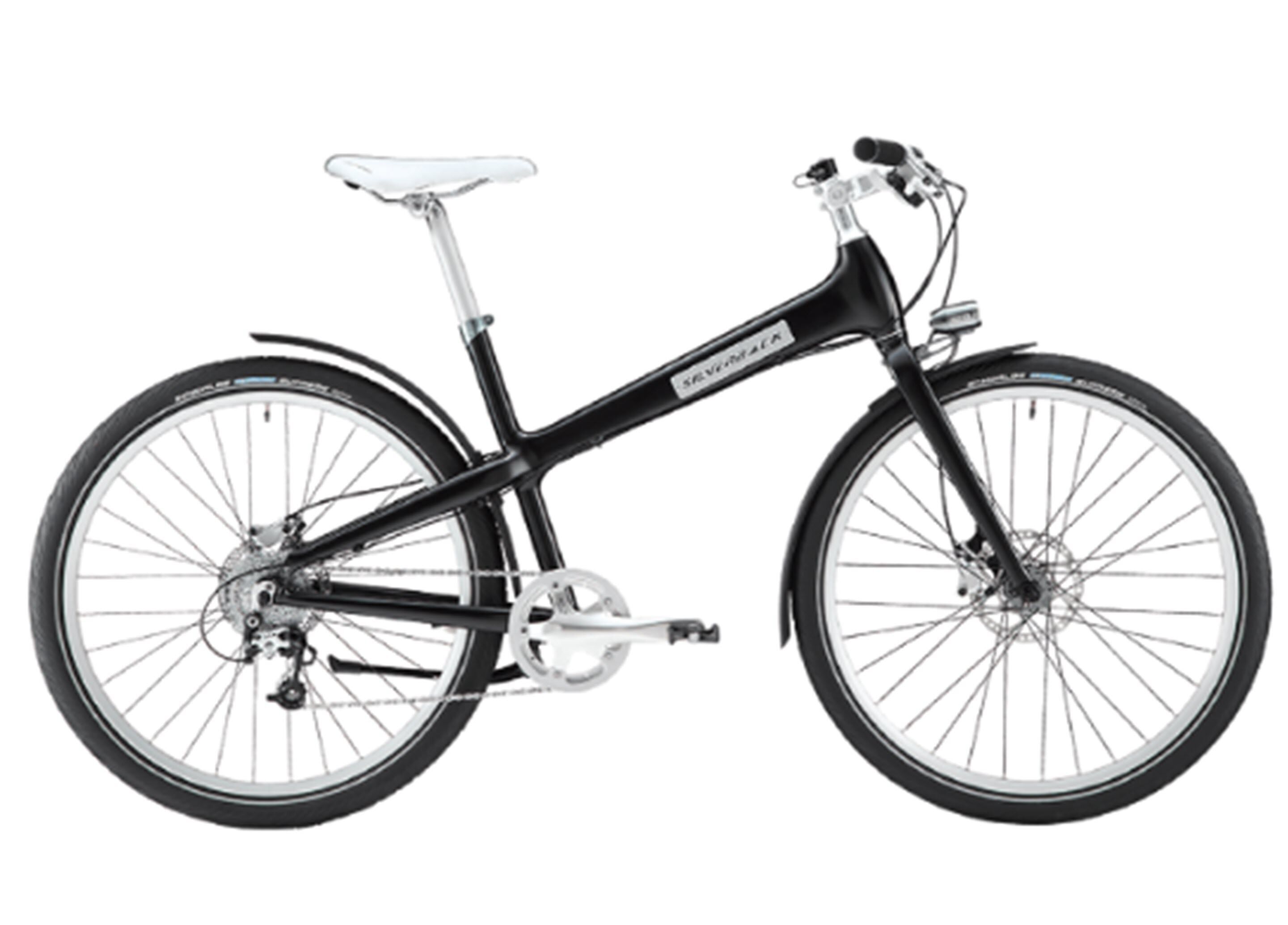 A black and white bicycle with a step-through frame, a front suspension fork, and a rear derailleur.