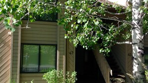 Ein zweistöckiges Haus mit einem großen Fenster im Erdgeschoss, einer sichtbaren Treppe und einem Baum davor.