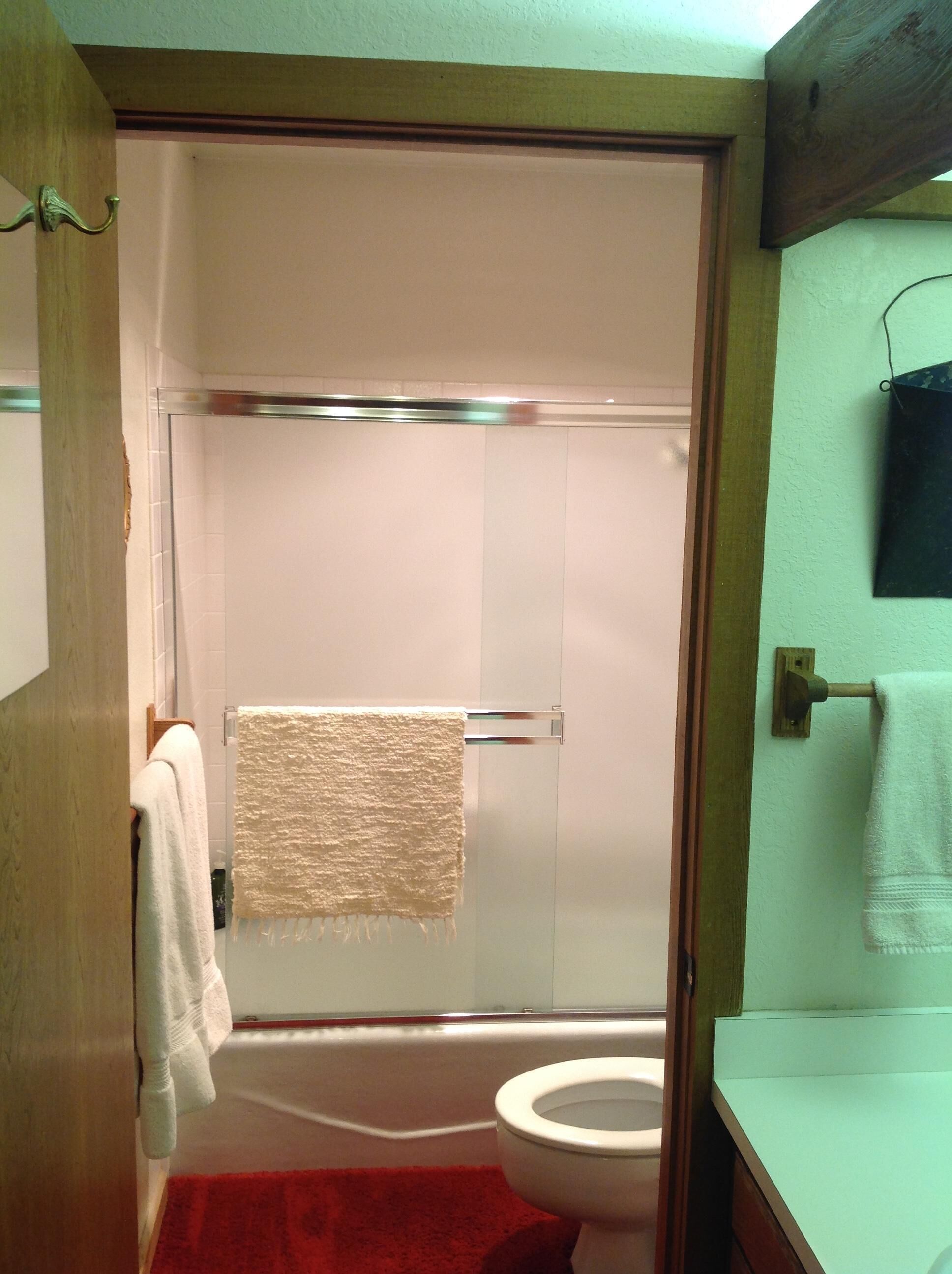 Un bagno con doccia, WC e tappetino da bagno rosso.