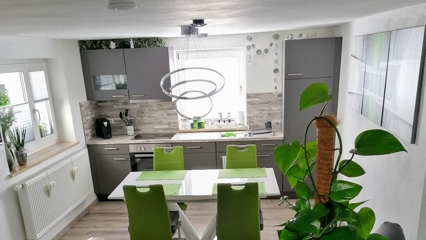 Une cuisine moderne avec un coin repas, comprenant un îlot central, des chaises vertes et une grande plante en pot.