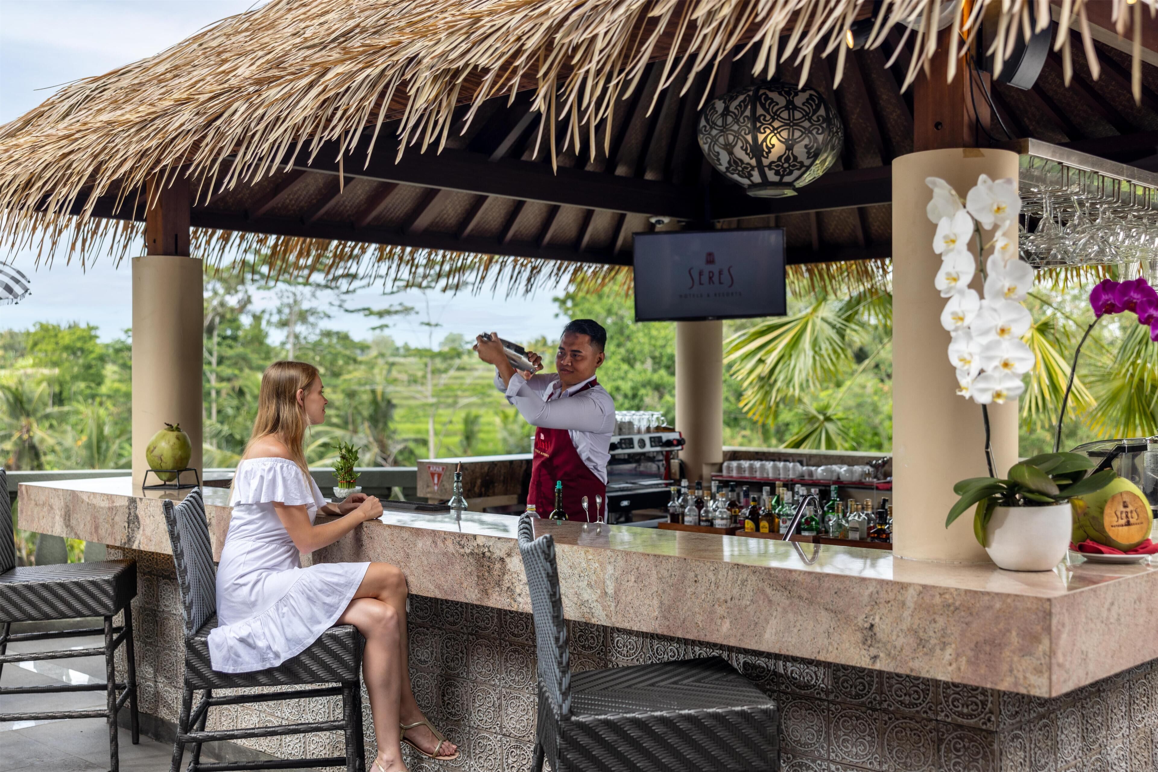 Zona de bar con techo de paja, una barra con un letrero y mesas al aire libre.