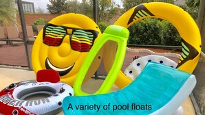 Diversos brinquedos para piscina, incluindo um rosto sorridente, uma abelha, um tubarão e um escorrega.