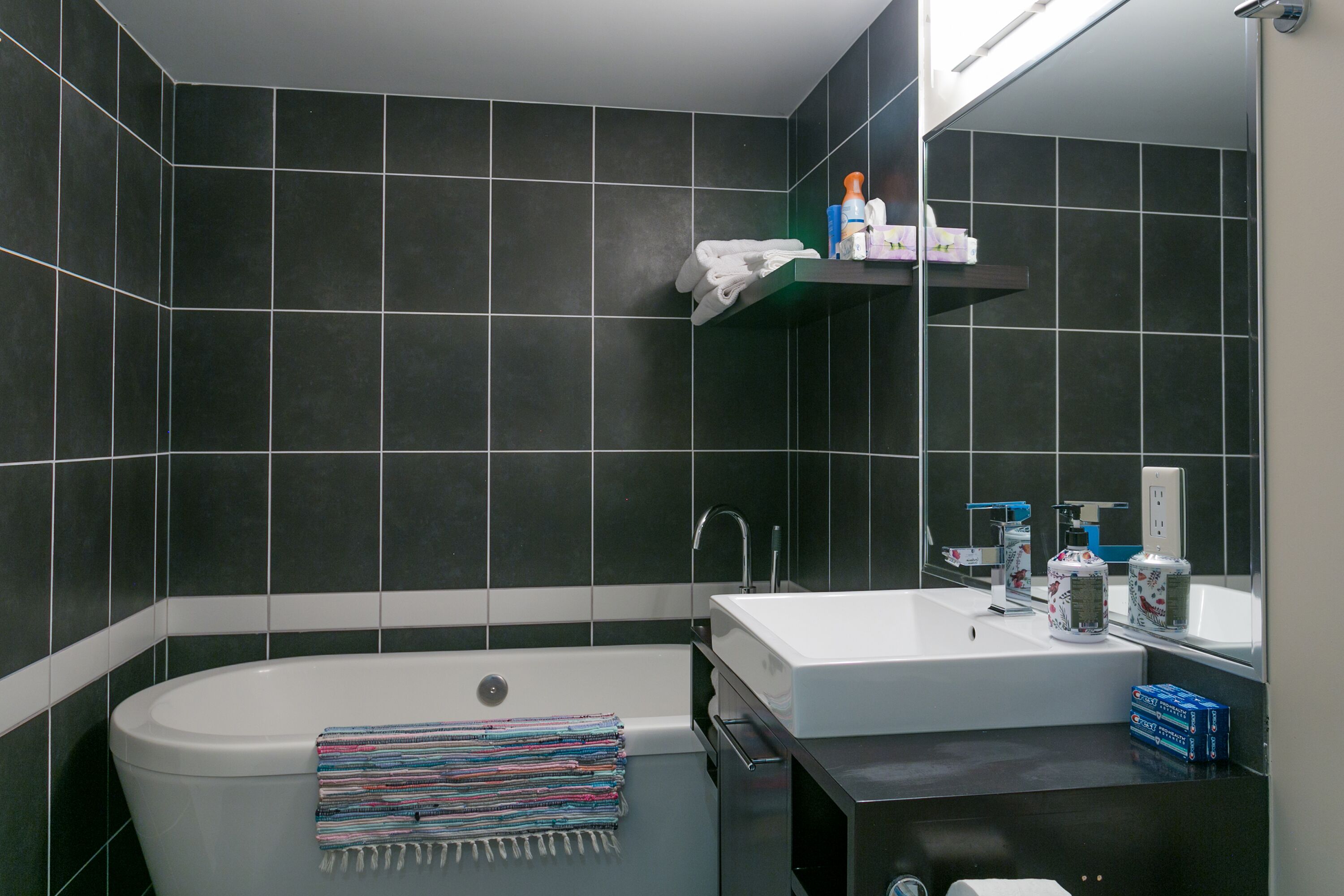Deep soaker tub in master bedroom