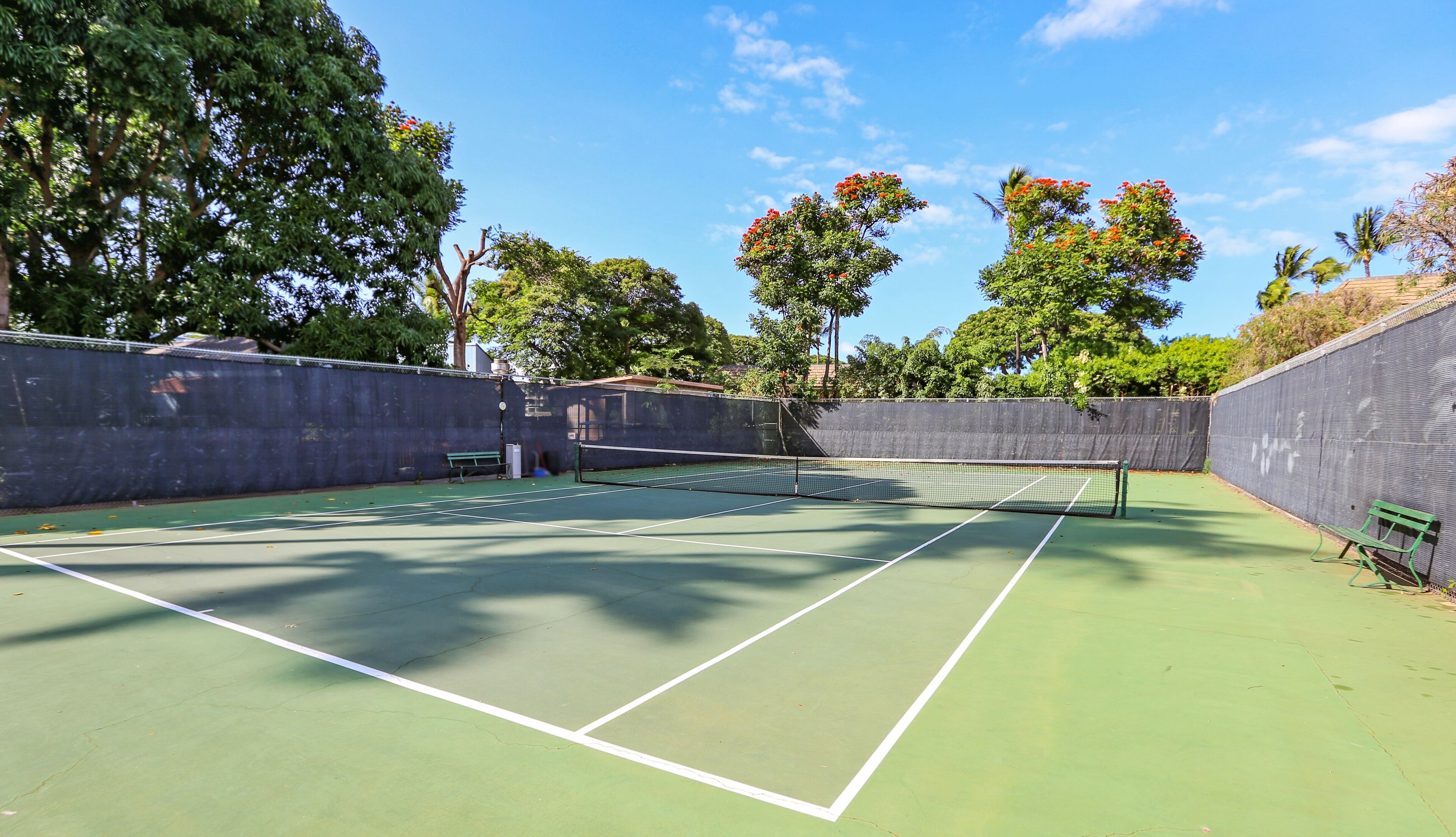 Una cancha de tenis con red, bancos y vallas.