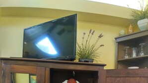 Ein Holzschrank mit Fernseher obenauf, einem Bademantel in der Innenseite und einer kleinen Pflanze auf der obersten Ablagefläche.