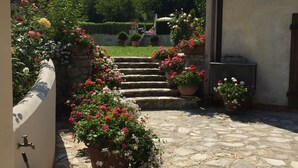 A stone-paved courtyard with steps leading to a garden area, surrounded by potted plants and flowers. - Welcome to Lucca and beautiful Villa Adriano! (Valdottavo)