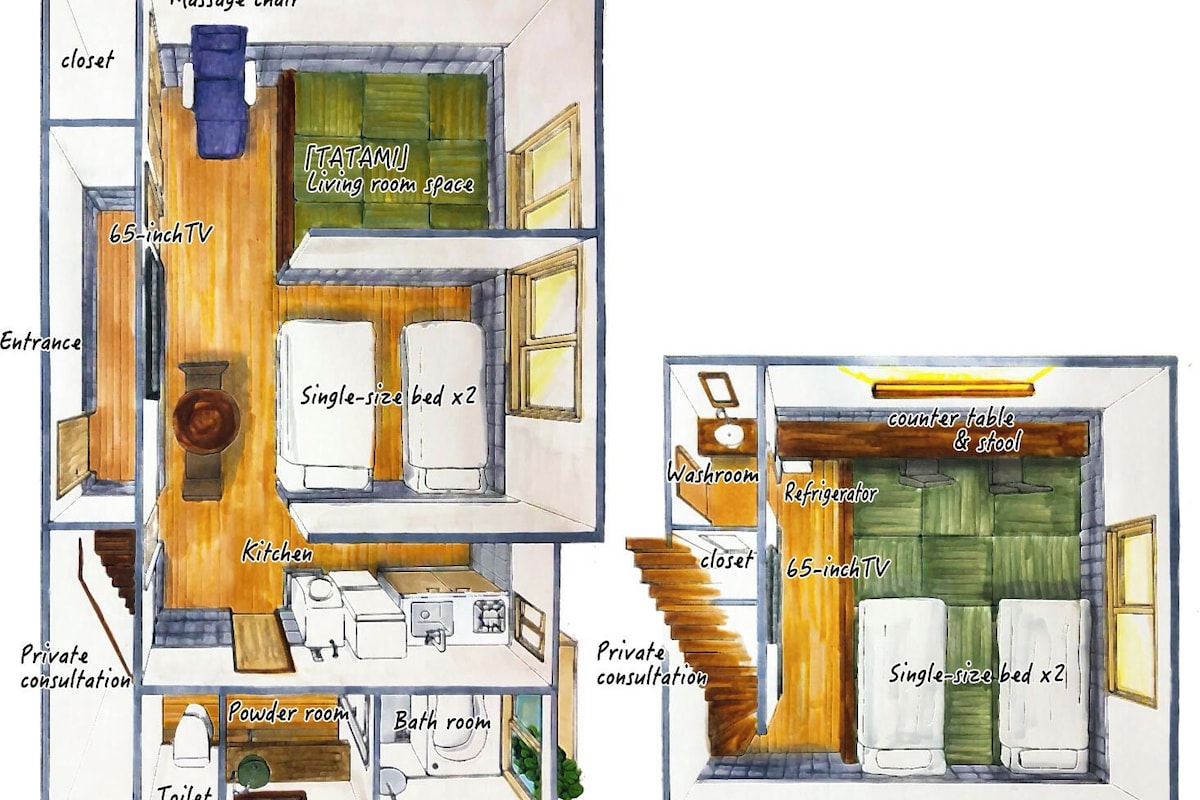 Plano de planta de un espacio habitable compacto con sillón de masaje, sala de estar, cocina, aseo, baño y zona de consulta privada.