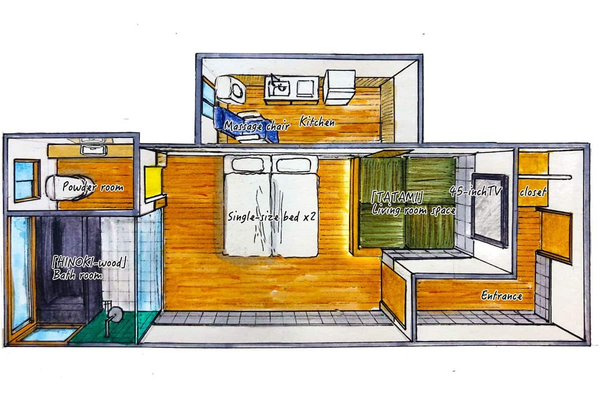 Plano de planta de un apartamento pequeño con un aseo de cortesía, un baño, una cocina con sillón de masaje, un salón con televisor de 5 pulgadas y un armario.