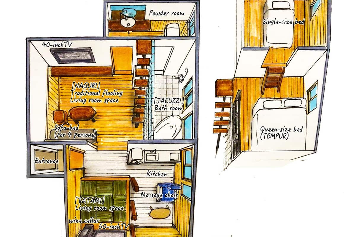Distribución compacta de un estudio con aseo de cortesía, cama individual, sofá cama, cocina, sala de estar, entrada y un televisor de 50 pulgadas.