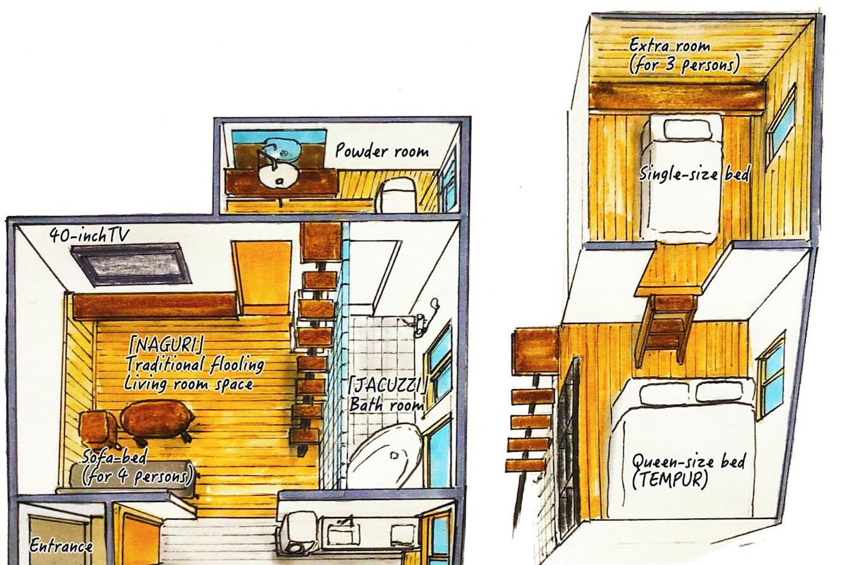 Habitación de estilo japonés tradicional con una TV de 40 pulgadas, un baño de visitas, una cama individual, una cama tamaño queen, un sofá cama para cuatro personas, una cocina, una silla de masaje y una bodega de vinos.