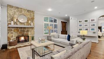 Smart TV, fireplace, books