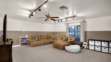 TV, fireplace, DVD player, books