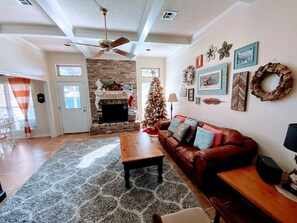 テレビ、暖炉、DVD プレーヤー、書庫