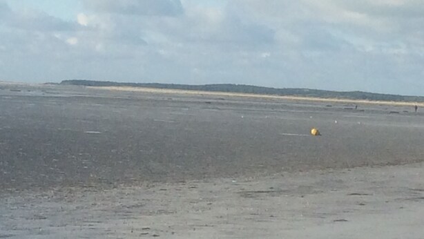 Une vaste plage ouverte, avec un horizon dégagé et des reliefs visibles au loin.