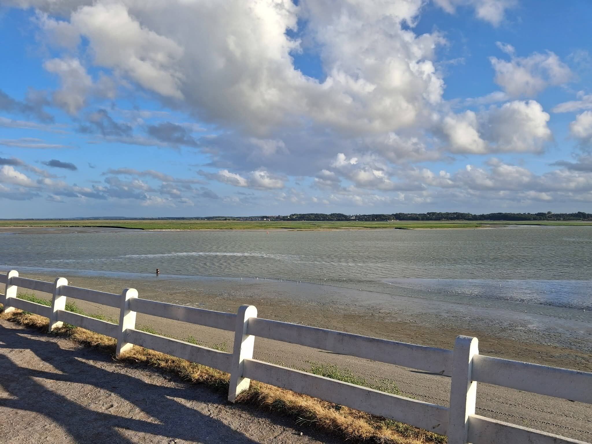 A coastal view with a white fence, a body of water, and a distant shoreline.