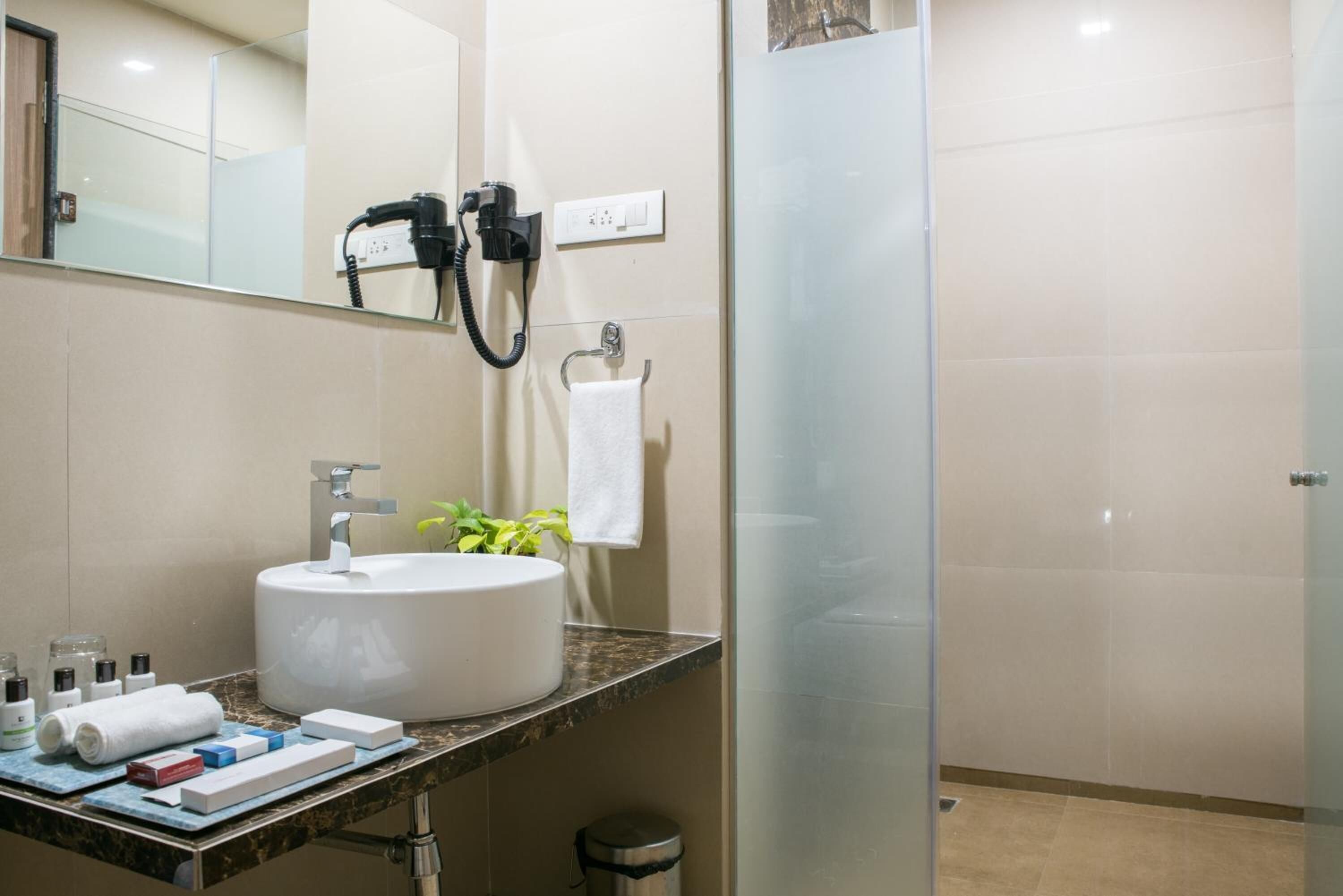 shower, free toiletries, hair dryer, slippers