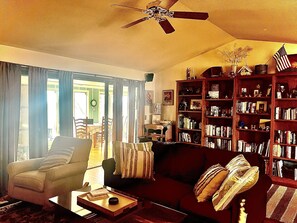 Smart TV, chimenea, reproductor de DVD, libros