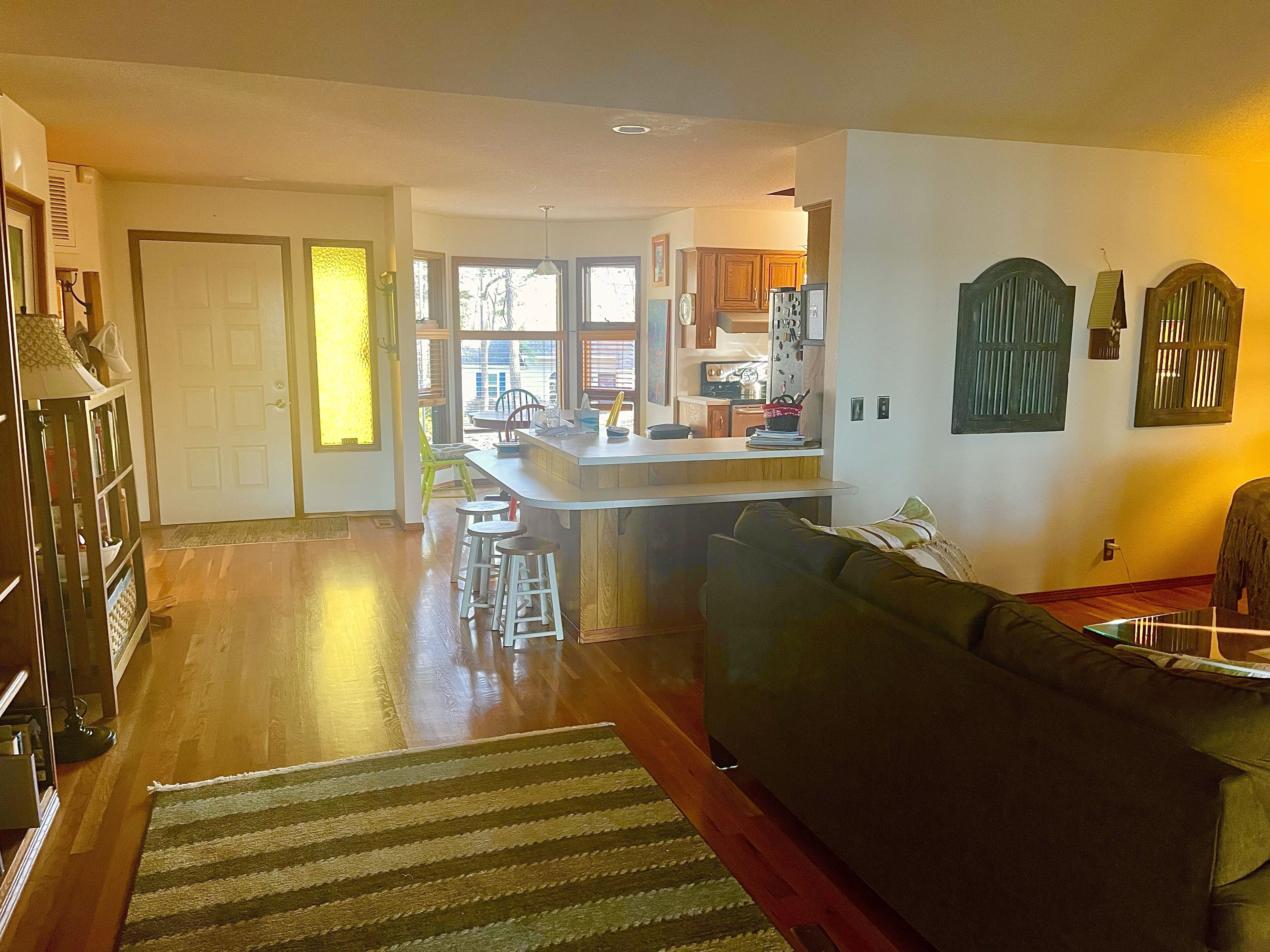 TV connectée, cheminée, lecteur de DVD, livres