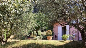 Un jardin avec des oliviers, un bâtiment rose et un grand bac à fleurs.