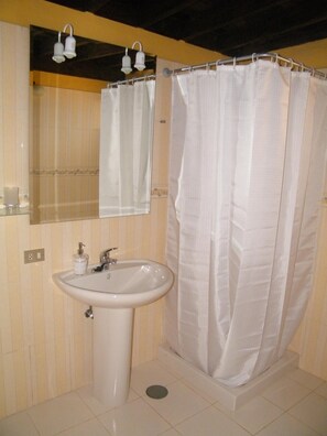 Douche, serviettes fournies, papier toilette