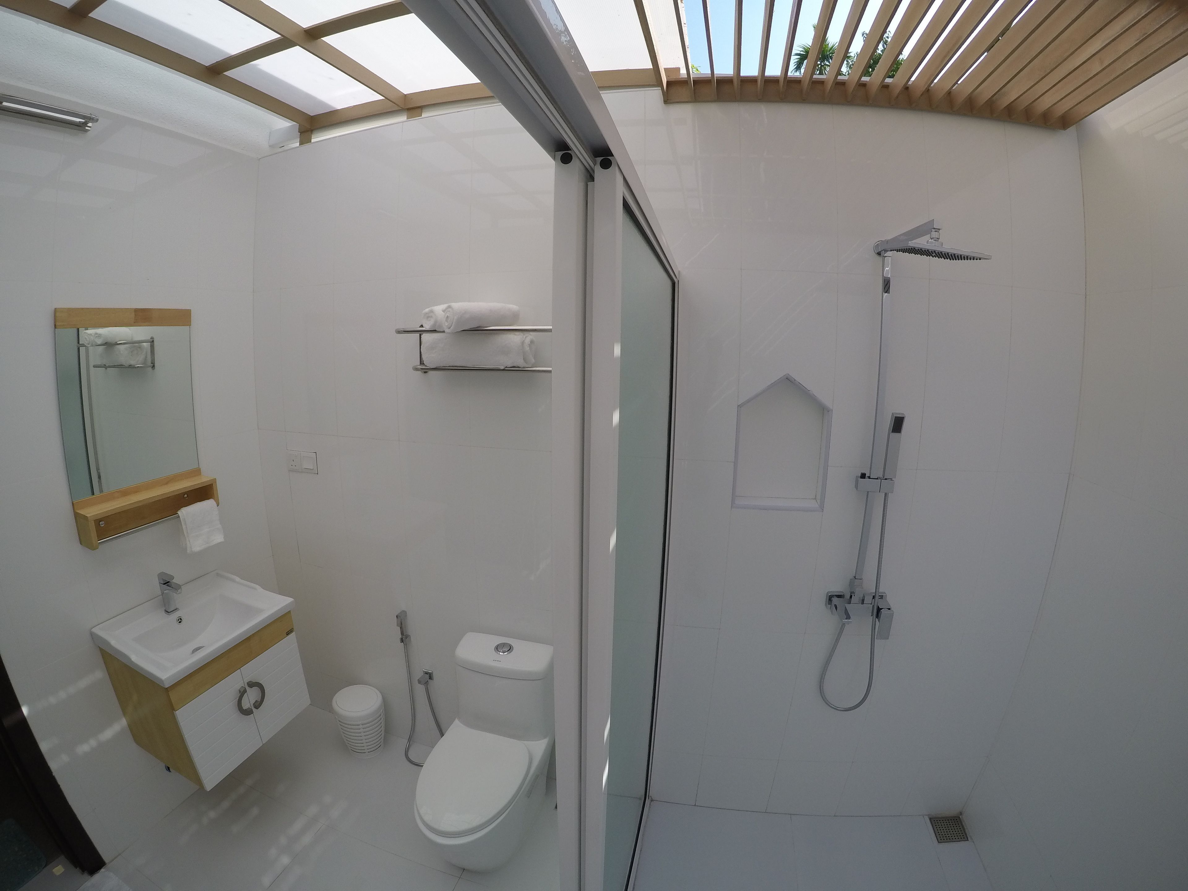 A modern bathroom with a glass-enclosed shower, a toilet, a sink with a wooden vanity, and a mirror.