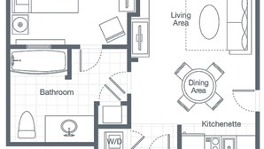 Plano de una habitación de hotel con balcón, dormitorio, baño, sala de estar, comedor y kitchenette.