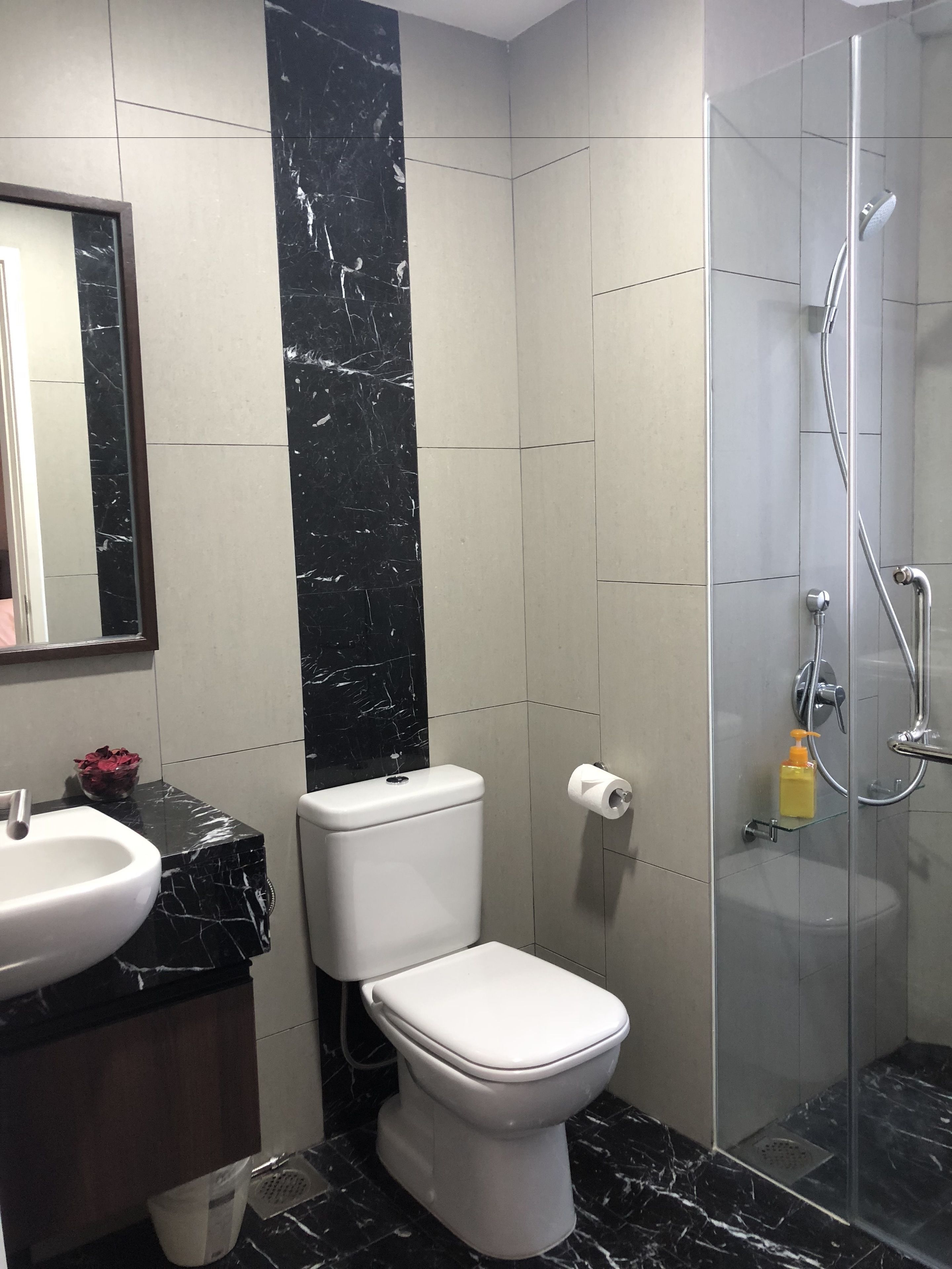 Un baño con inodoro, lavamanos y ducha.