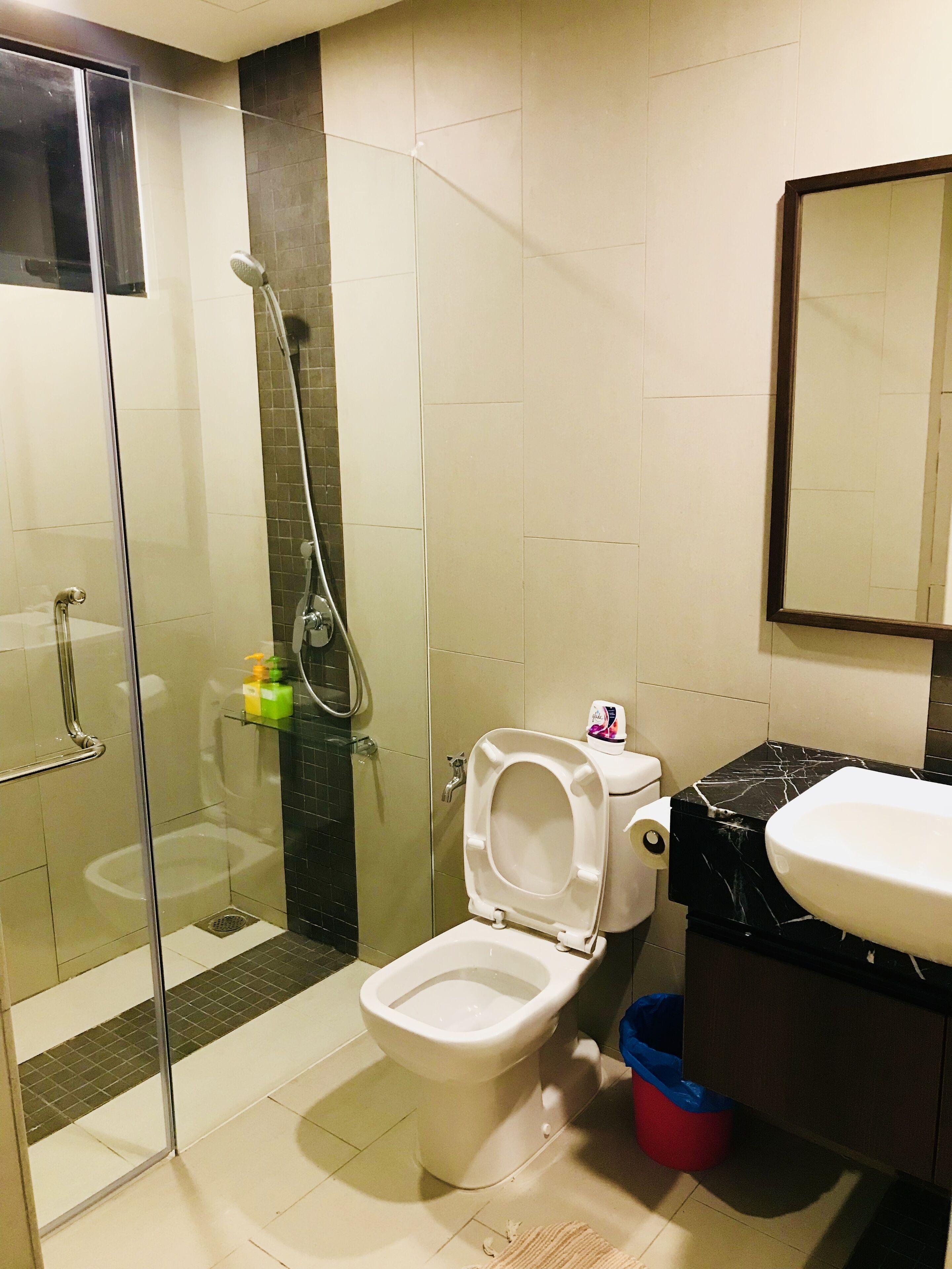 A bathroom with a glass-enclosed shower, a toilet, and a sink.