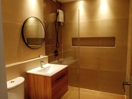 Shower, free toiletries, hair dryer, bidet