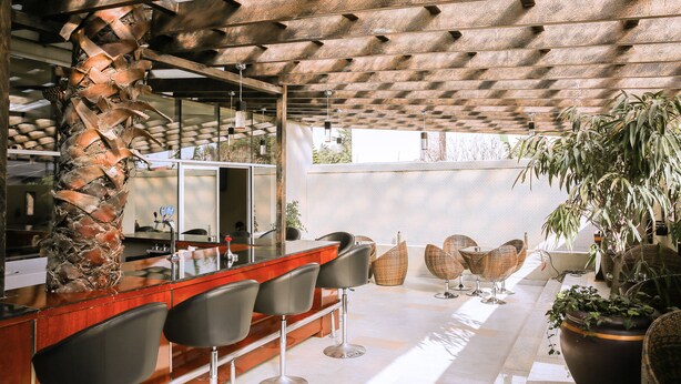 A modern bar area with a wooden ceiling, bar stools, and a large potted plant. - Magnolia Addis Hotel (Addis Ababa)