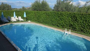 Alberca al aire libre por temporada y sombrillas en la alberca