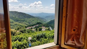 A window view of a lush valley with a road and buildings. - Amelia Hotel (Marliana)