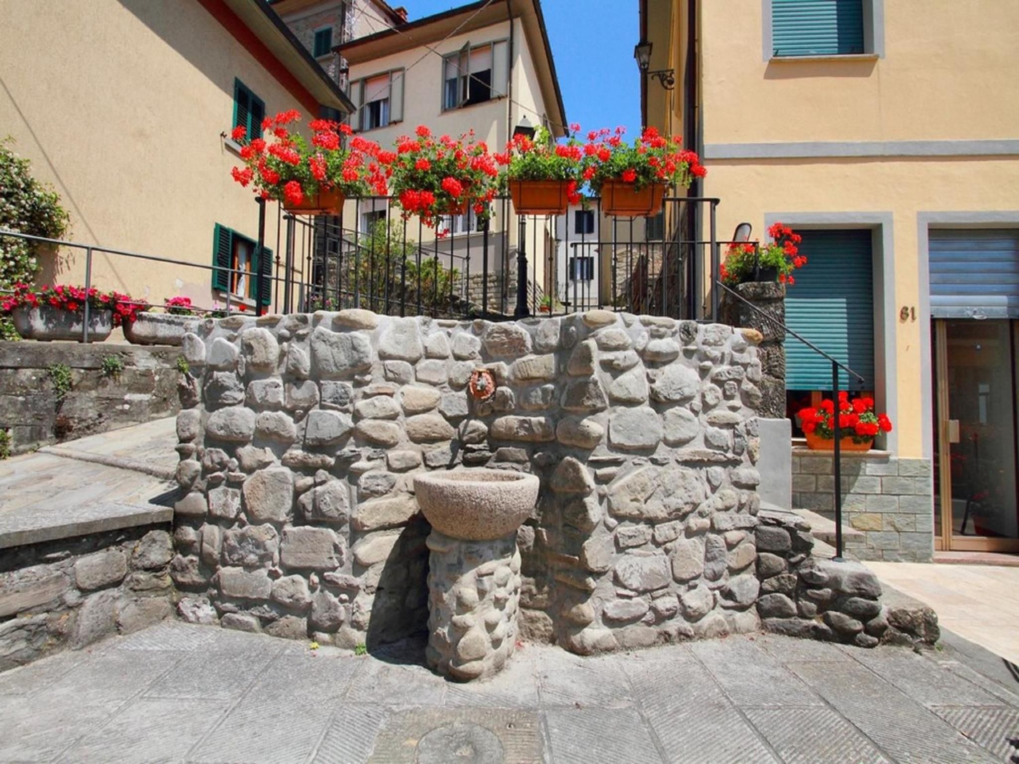 Eine Steinstruktur mit einem Wasserbecken, umgeben von Gebäuden mit Balkonen und Blumenkästen.