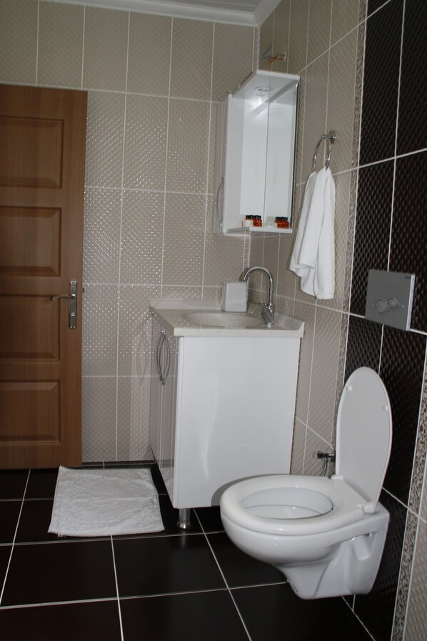 A bathroom with a toilet, sink, and mirror. - Atakoy Hotel Cafe Restaurant (Çaykara)