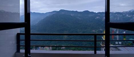 Una habitación con vistas a un paisaje montañoso a través de una ventana con barandilla de metal.