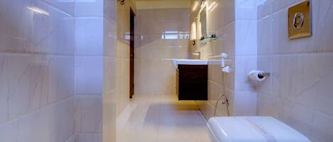 A modern bathroom with a white toilet, a sink, and a shower area.