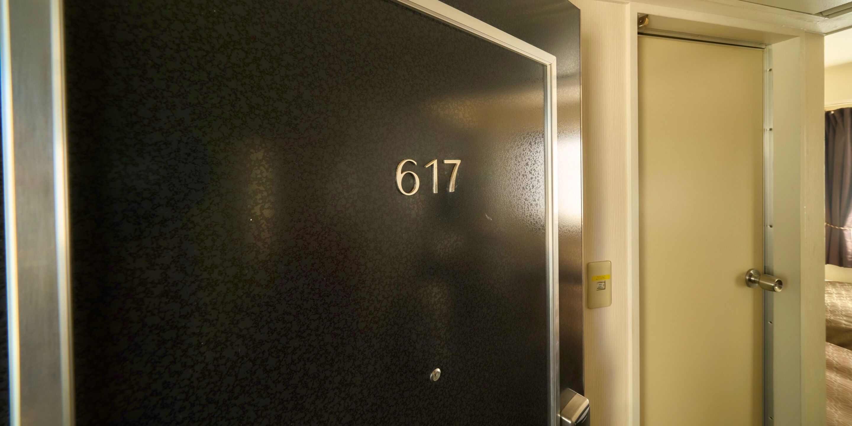 A door with the number 617, a metallic handle, and a small control panel on the wall.