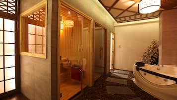 Sauna, hot tub, steam room, deep-tissue massages, facials, reflexology