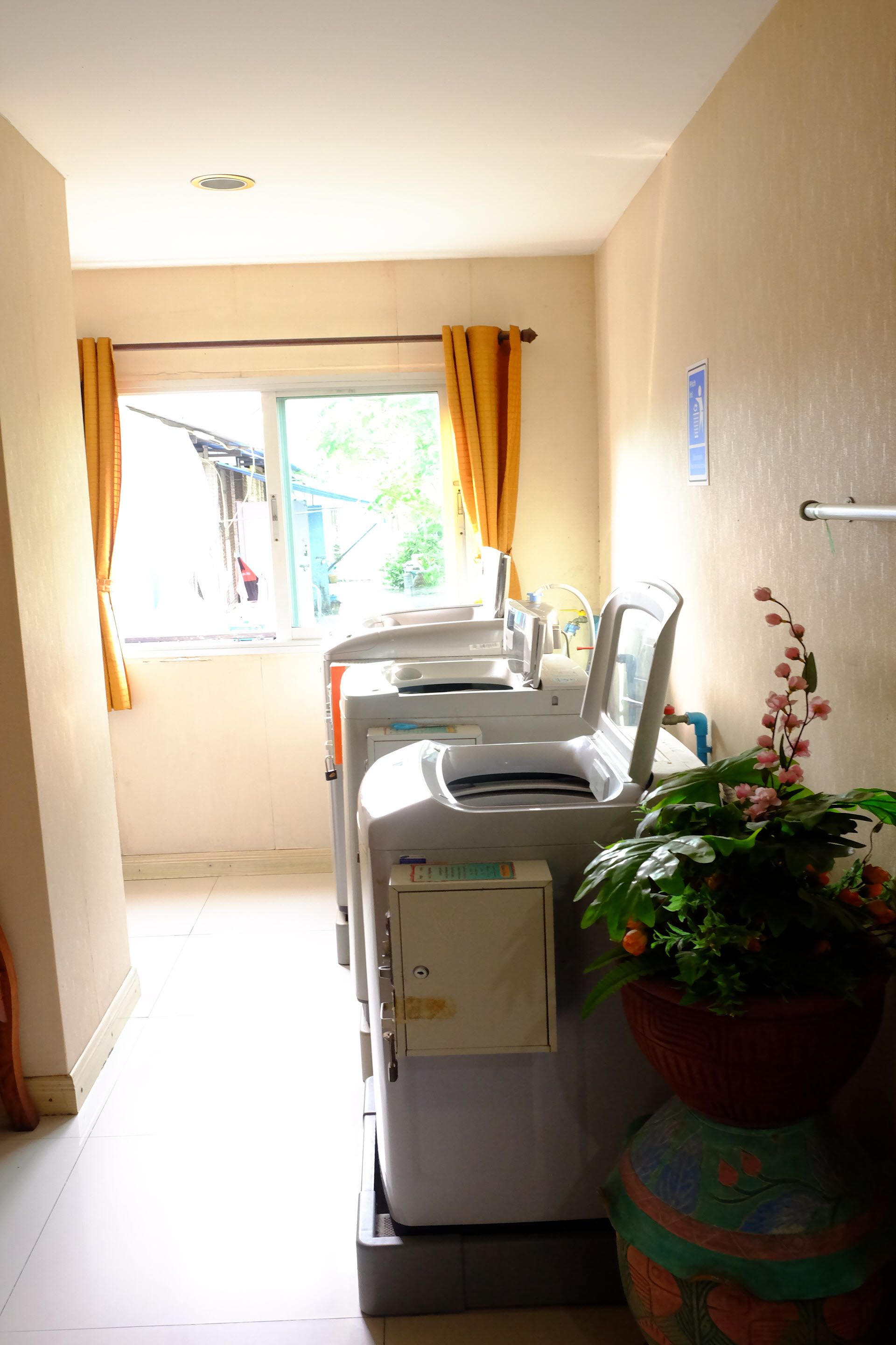 A clinical room with medical equipment, a window with curtains, and a potted plant.