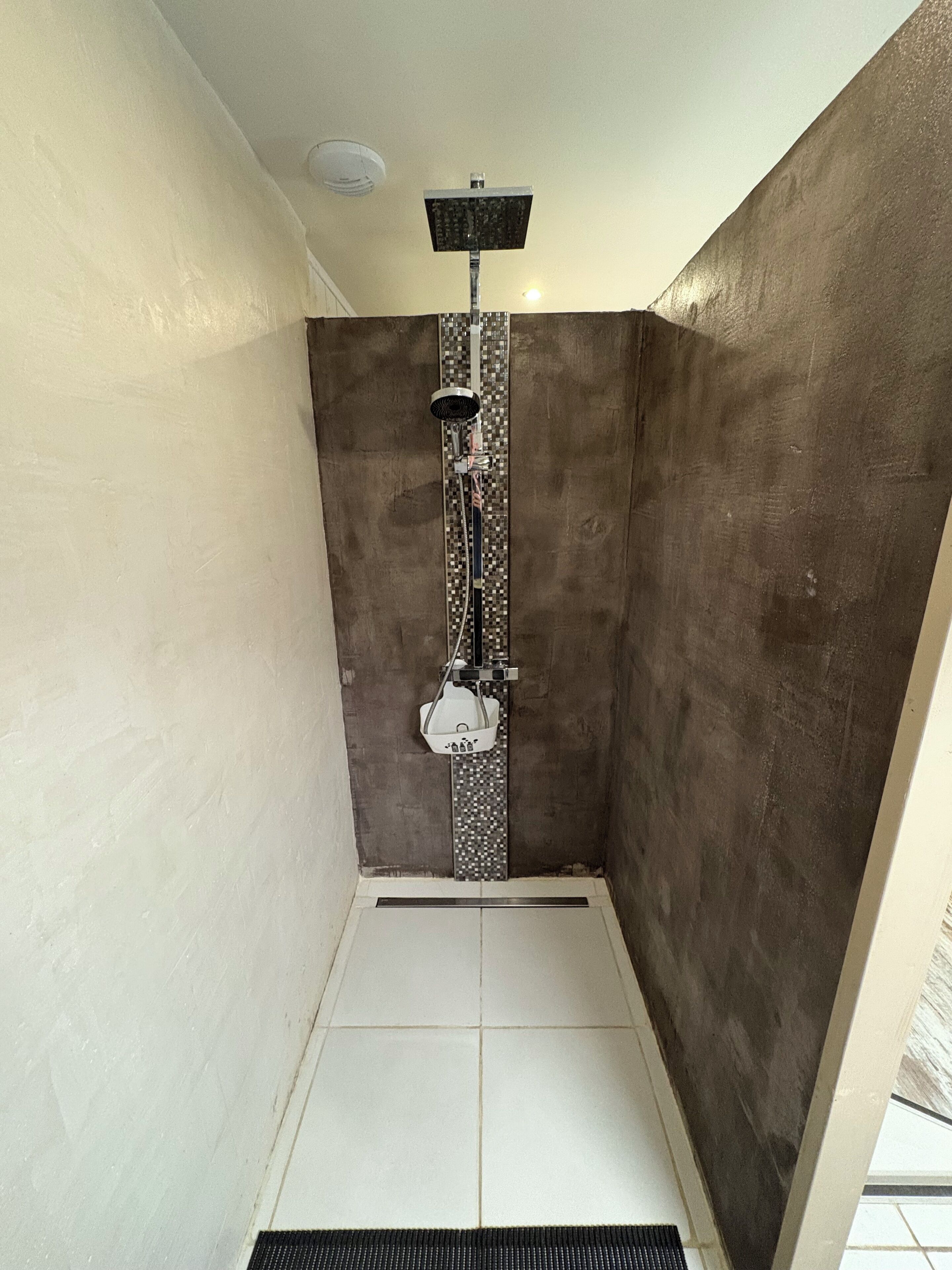 Een douche met een handdouche, een wandmengkraan en een klein wastafelmeubel met een spiegel.