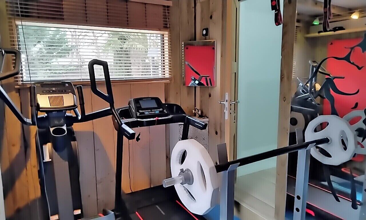 A gym with a treadmill, weight bench, and a barbell with weights.