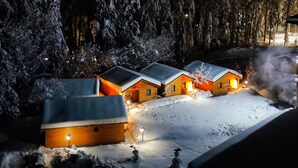 A row of wooden cabins with snow-covered roofs, surrounded by a forest at night. - Iglika Palace Hotel (Samokov)